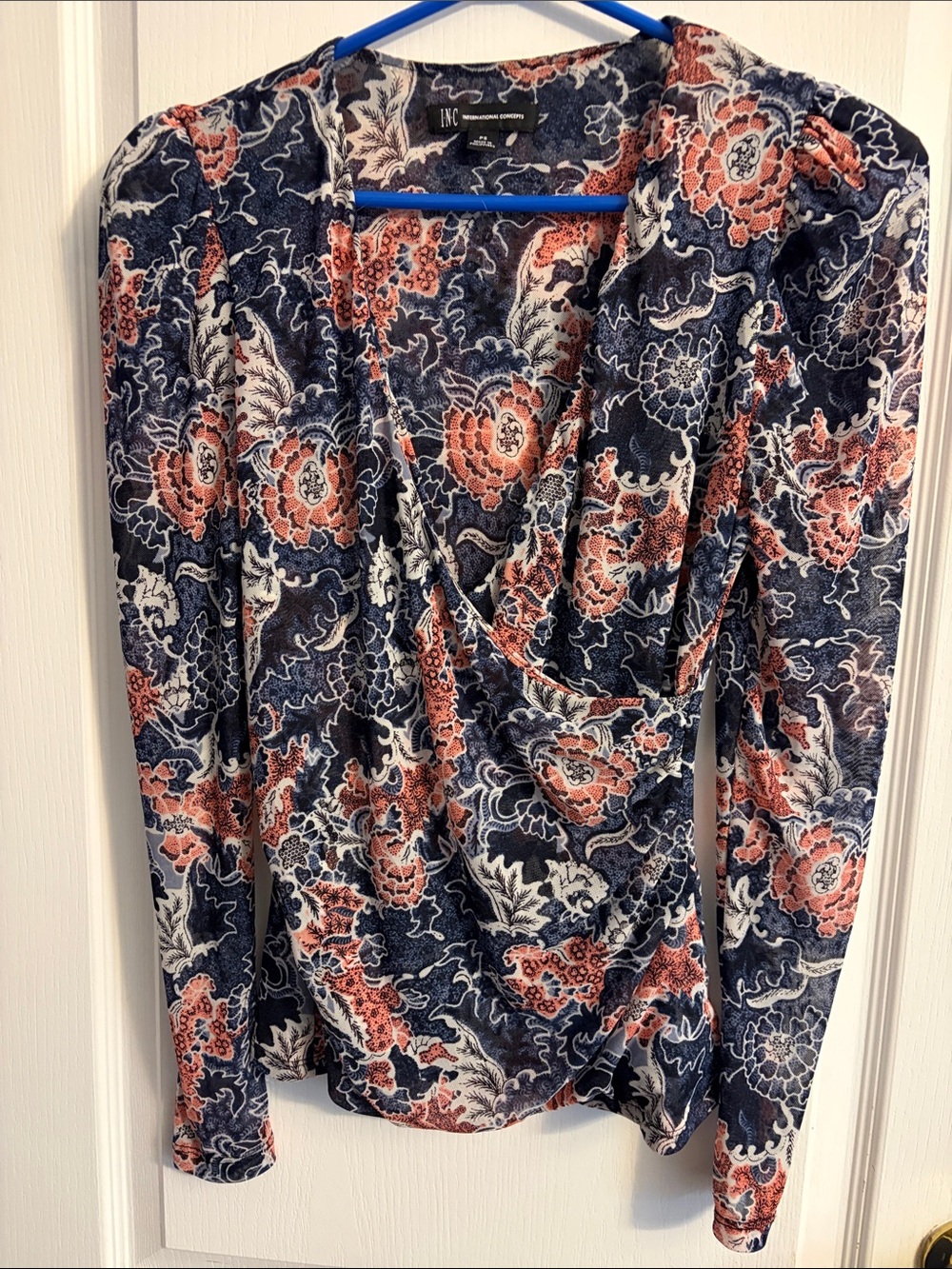 INC International Concepts Navy Floral Wrap-Style Long Sleeve Top